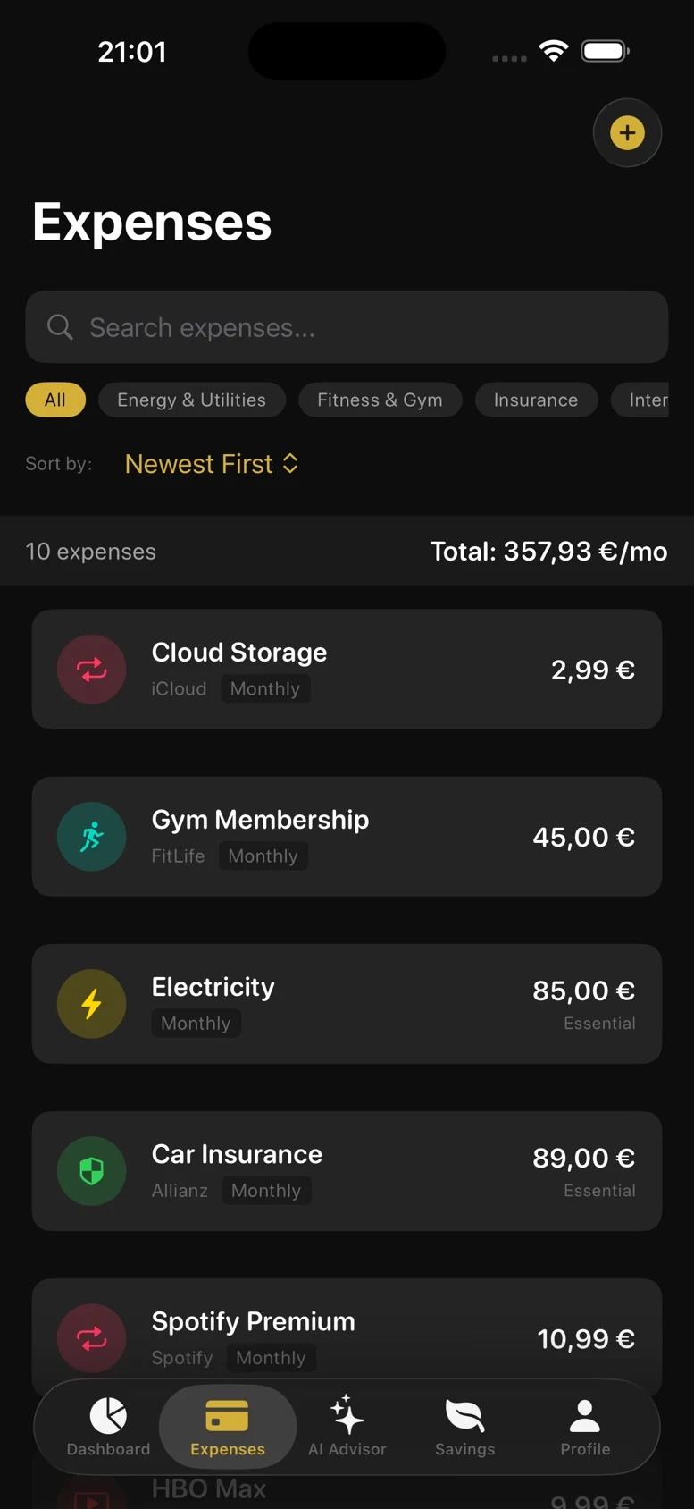 Finiteck Expenses screen showing recurring subscriptions and bills grouped in one place